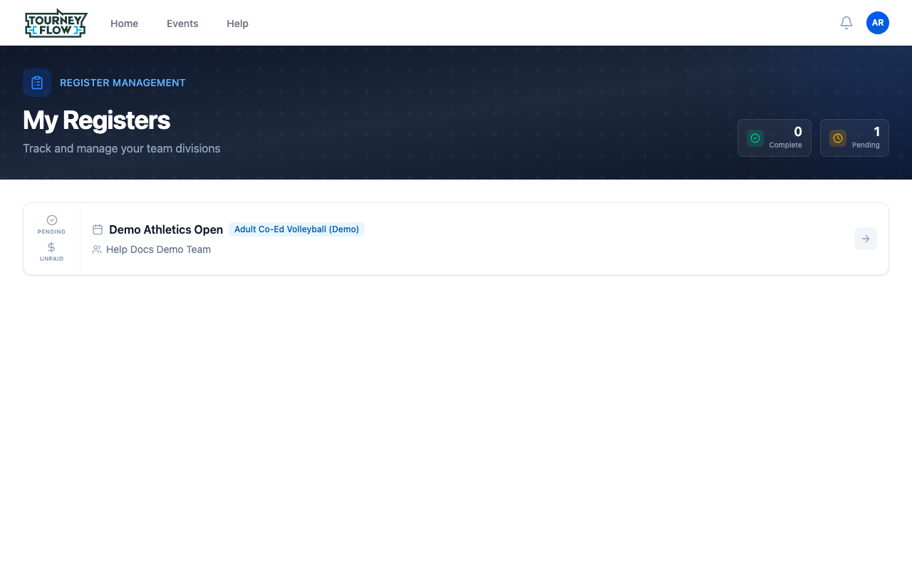 My Registers page listing each registration with completion and payment status