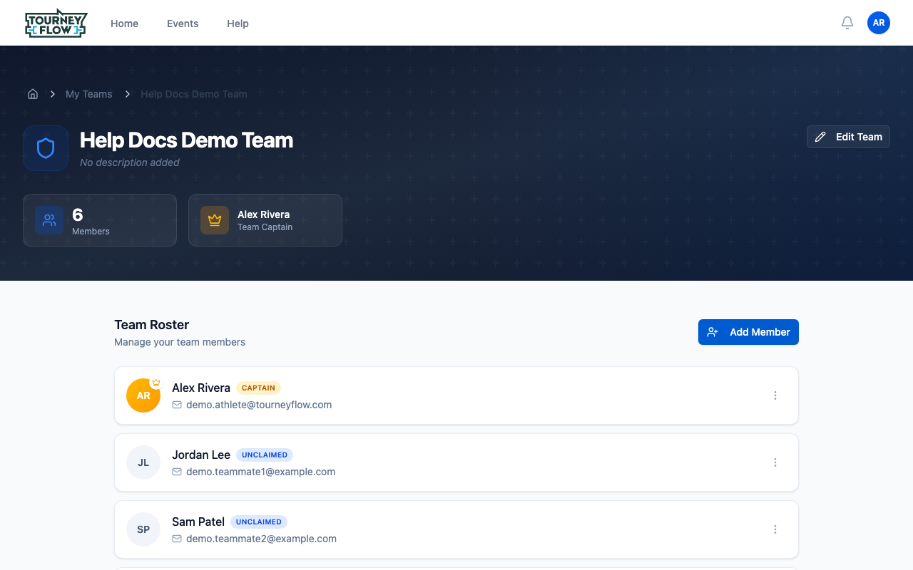 Team detail page showing Team Roster, member cards, and the Add Member button