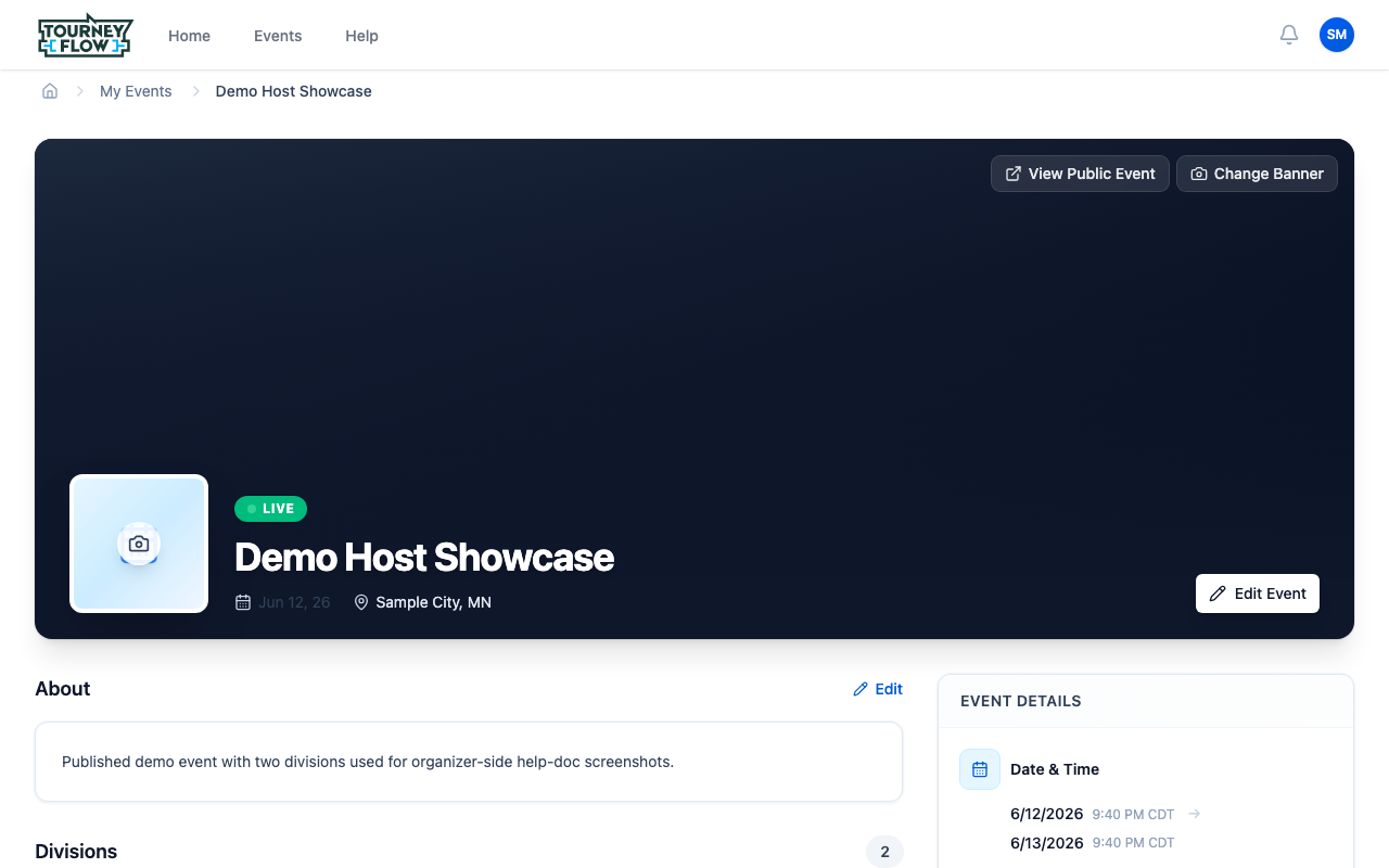 Event management page showing the event hero, status badge, and Edit Event button
