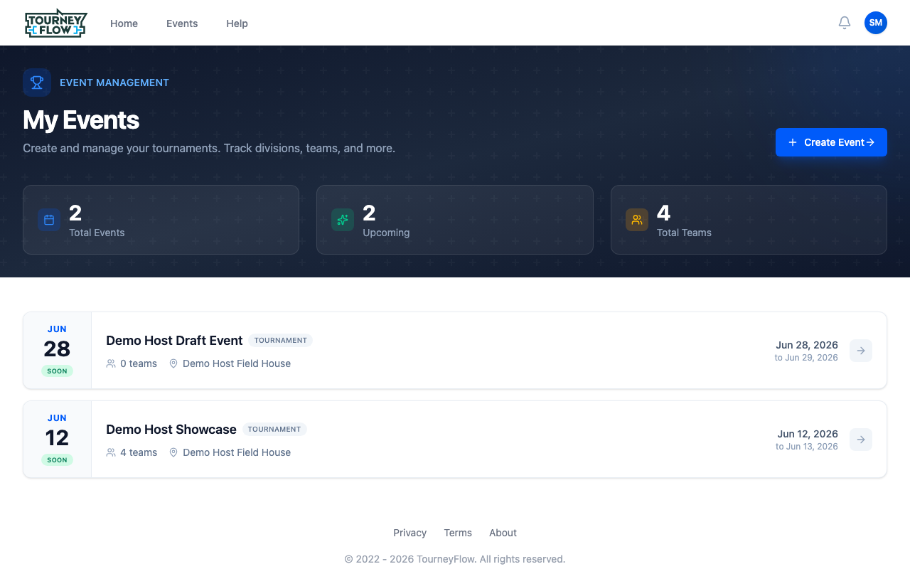 My Events page listing your events with date, location, team count, and status